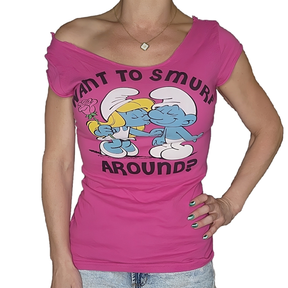 Pink Smurf one shoulder tee size Small Hot Topic